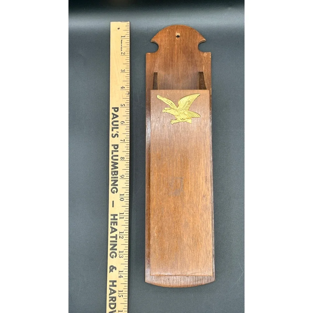 Vtg Wood Wall Hanging Long Match Stick Holder Gold Eagle Americana‎ MCM 14.5
